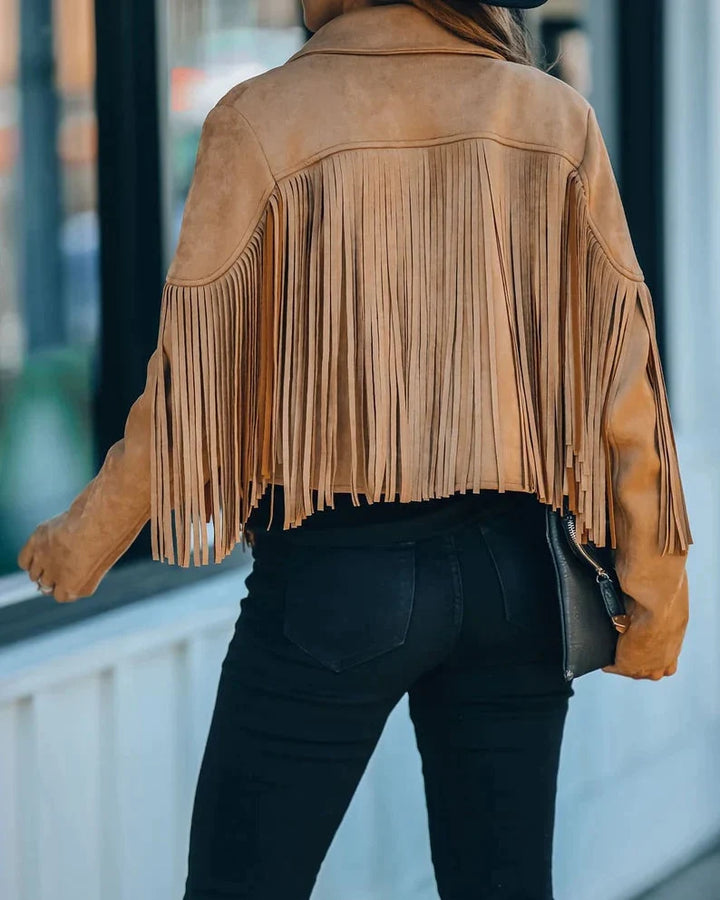 Vrouwelijk jasje met O-hals, lange mouw en decoratieve franjes; een must-have voor modebewuste dames.
