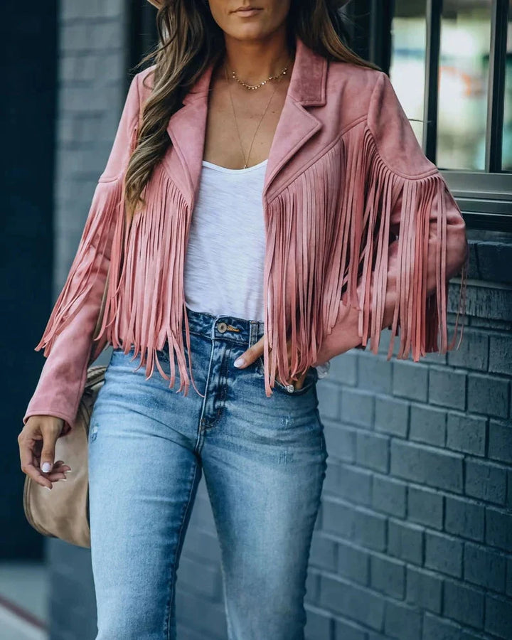 Damesjasje met franjesdetail, lange mouw en ronde O-hals; voegt flair toe aan elke outfit.