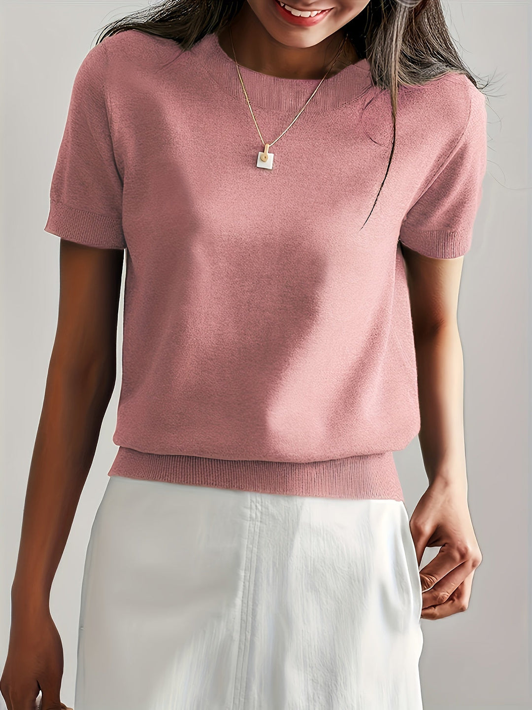 Lente/zomer dames sweater met korte mouw en ronde hals, ademend en modieus.