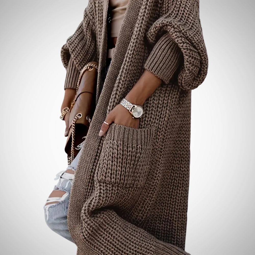 Elegant dames lang vest met open voorkant en handige zakken, perfect voor casual herfstoutfits.