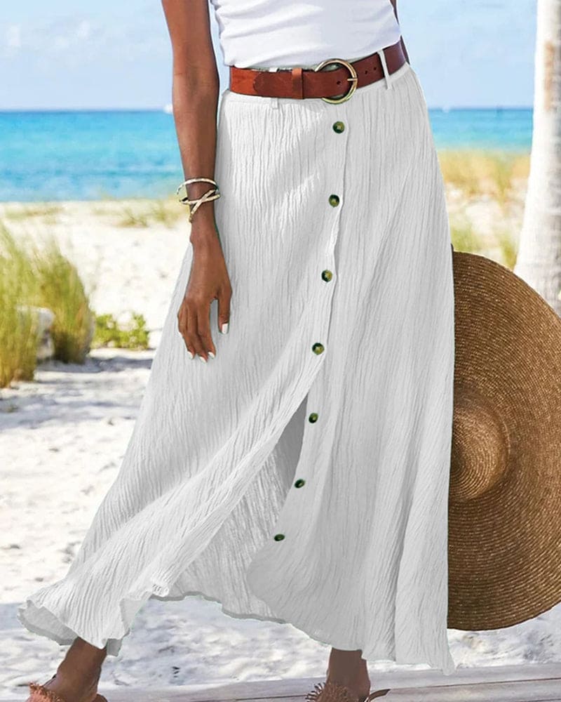 Stijlvolle lange damesrok met knoopsluiting, kreukstof. Deze A-lijn rok is een must-have zomeritem.