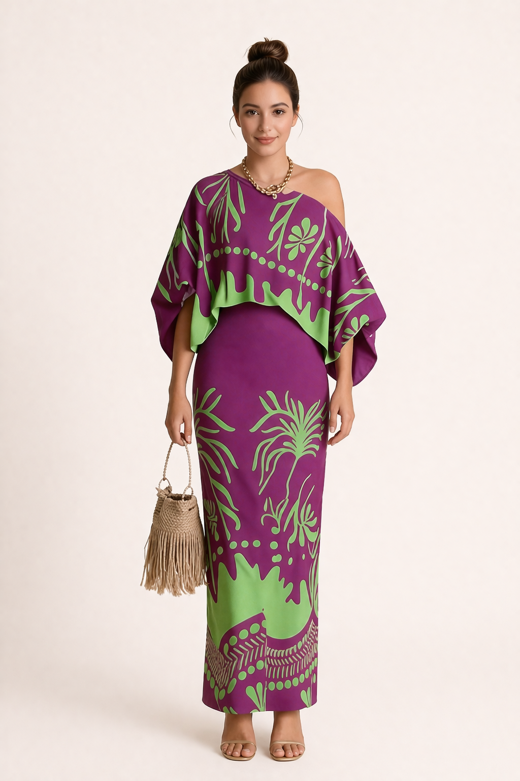 Dames lange rokblouseset met elegante lenteprint. Comfortabele, loszittende set voor zomerse dagen in paars/zwart.