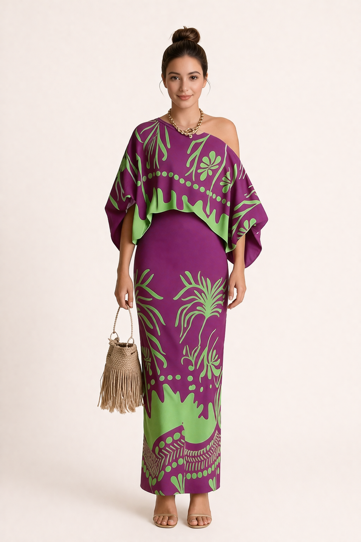 Dames lange rokblouseset met elegante lenteprint. Comfortabele, loszittende set voor zomerse dagen in paars/zwart.