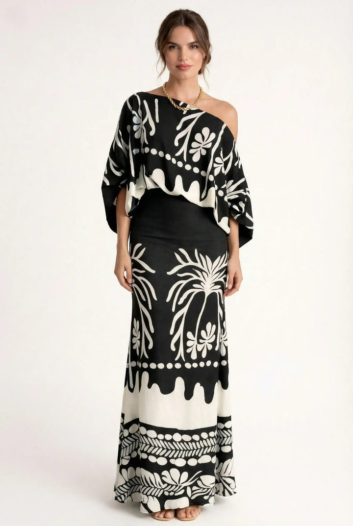 Dames rok en blouse set met levendige lenteprint. Loszittende pasvorm, perfect voor een comfortabele en stijlvolle outfit.
