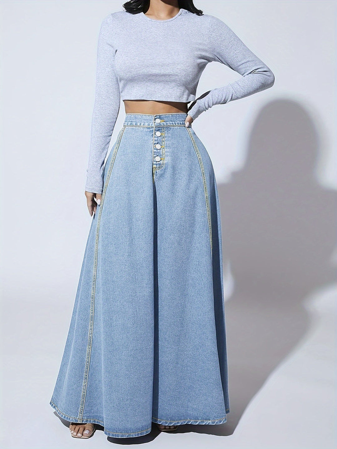 Casual blauwe damesrok, lange uitlopende stijl met hoge taille. Comfortabel en stijlvol voor elke dag.