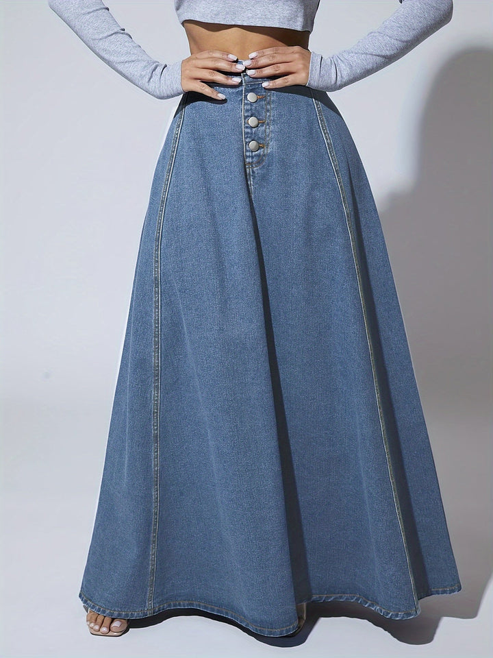 Flatterende hoge taille dames maxi rok in blauw. Uitlopend design, perfect voor casual of elegante outfits.