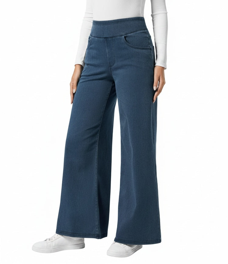 Dames lichtblauwe wide leg jeans met hoge taille en elastische band, ideaal als comfortbroek.