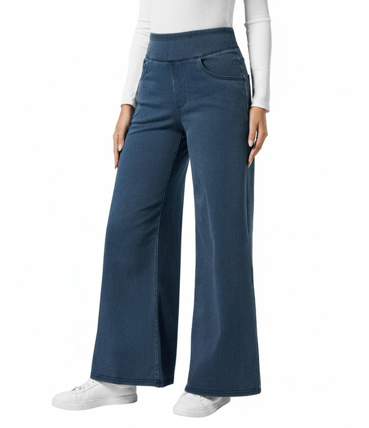 Dames lichtblauwe wide leg jeans met hoge taille en elastische band, ideaal als comfortbroek.