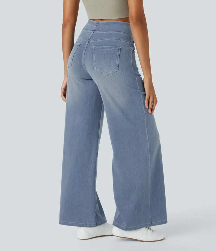 Lichtblauwe comfortbroek voor dames: wide leg, hoge taille en een fijne elastische band.