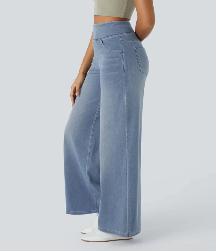 Trendy dames wide leg jeans in lichtblauw met hoge taille voor een casual, modieuze look.