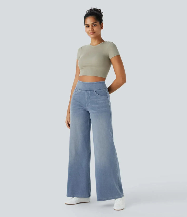 Dames lichtblauwe wide leg jeans met hoge taille en elastische band, geschikt voor elke dag.