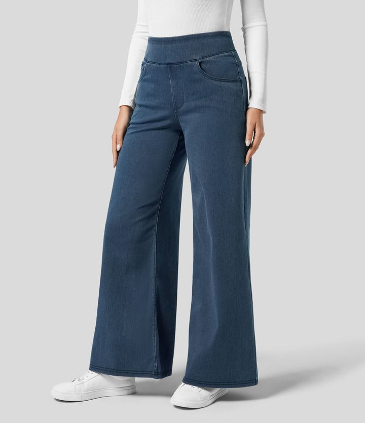 Trendy damesbroek: lichtblauwe wide leg met hoge taille en comfortabele elastische band.