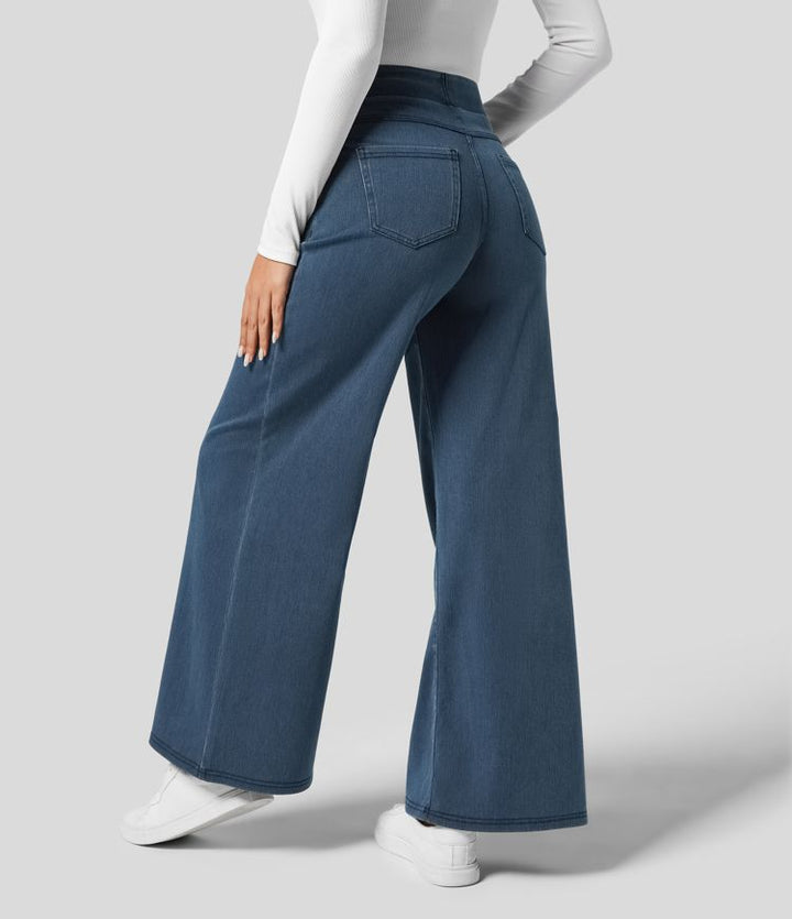 Casual pull-on dames wide leg jeans in lichtblauw met hoge elastische taille.