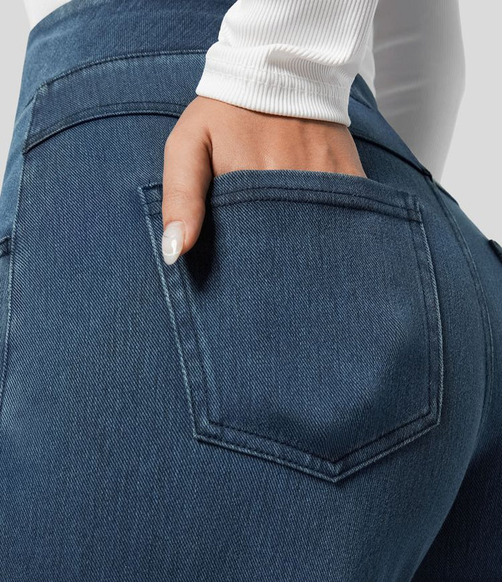 Lichtblauwe wide leg damesbroek met elastische band en hoge taille voor een trendy look.