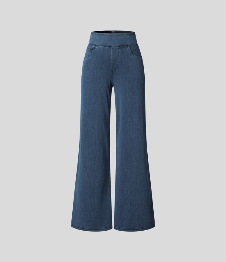 Dames casual wide leg jeans, lichtblauw, met hoge taille en praktische elastische band.