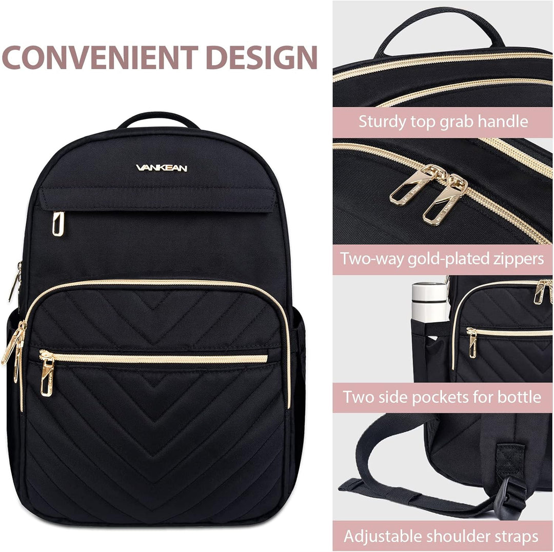 Detail van de zijkant van de waterdichte dames laptop rugzak met USB-poort; slank en functioneel design.