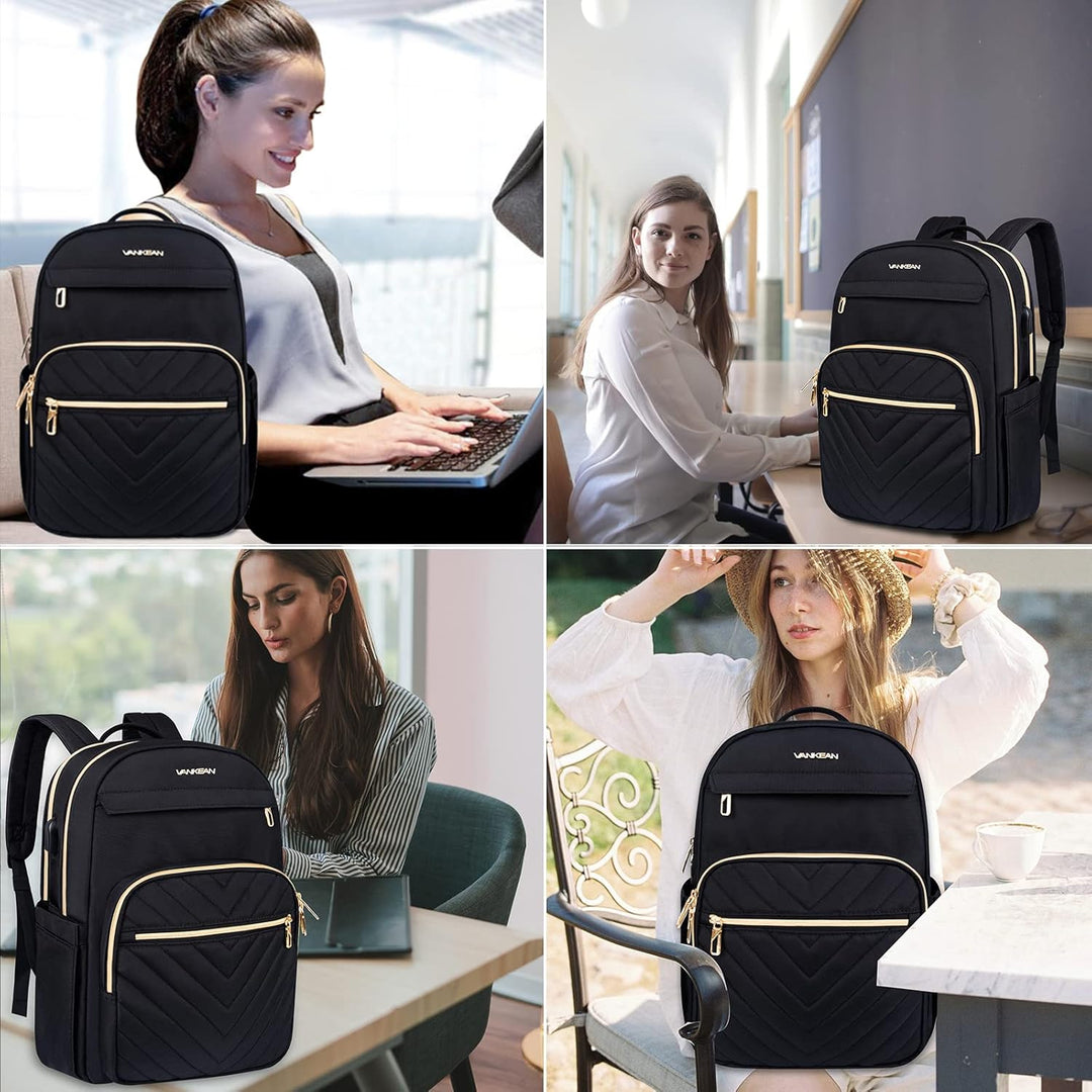 Moderne dame met zwarte waterdichte laptop rugzak (15.6") met USB-poort in een stedelijke omgeving.