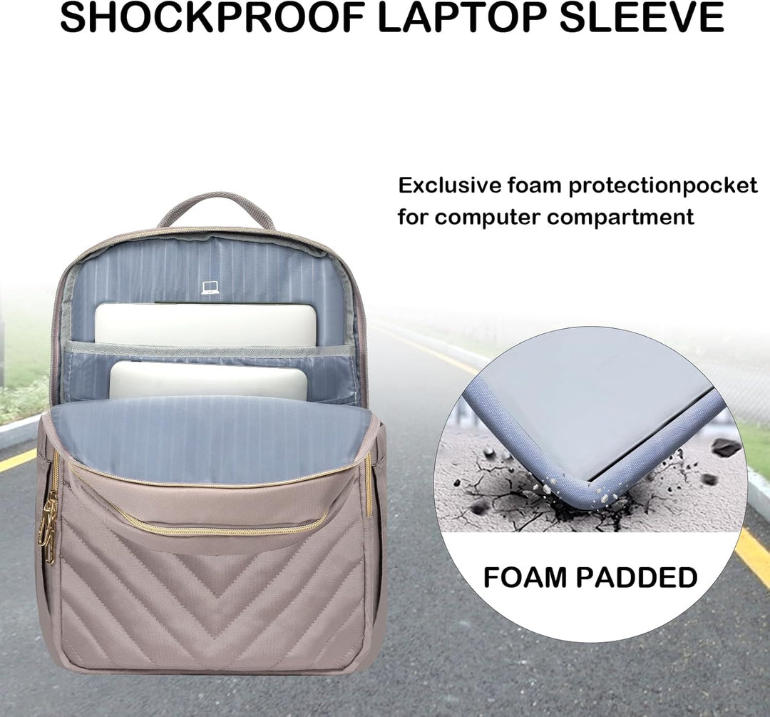 Roze waterdichte dames laptop rugzak, lichtgewicht en met USB-poort, geschikt voor school en stadsgebruik.