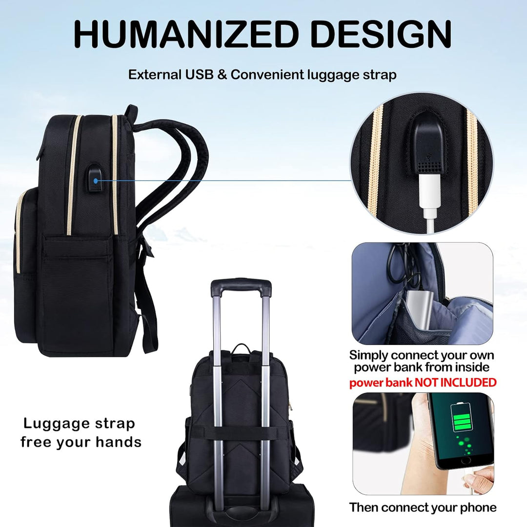 Ruim interieur van de waterdichte dames laptop rugzak (15.6") met diverse vakken en USB-doorgang.