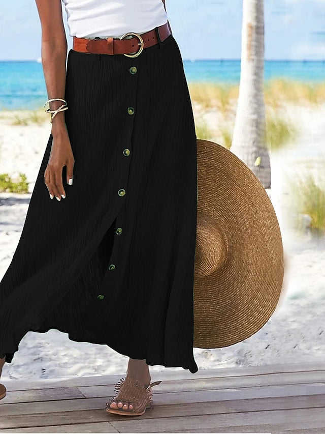 "Dames linnen maxi rok, vloeiende pasvorm, beschikbaar in groen, marineblauw, oranje, elegant en comfortabel design."