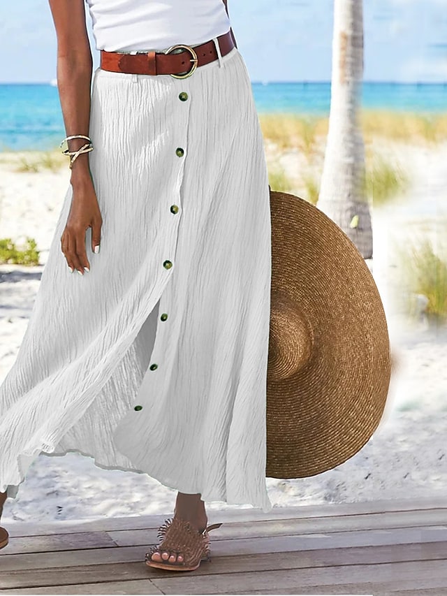 "Dames linnen maxi rok, vloeiende pasvorm, beschikbaar in groen, marineblauw, oranje, elegant en comfortabel design."