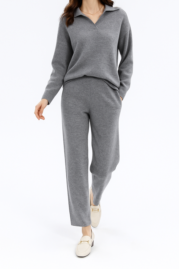 Veelzijdige dames loungewear set: stijlvolle polo trui en hoge taille broek. Comfortabel casual huispak.