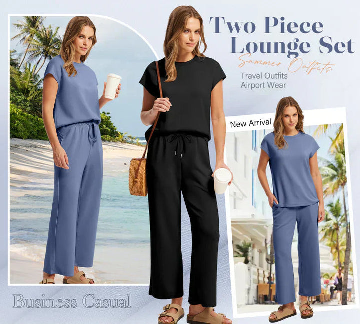 Dames vrijetijdskleding: complete set met mouwloze top en wide-leg broek voor een relaxte look.