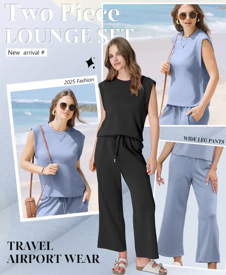 Zachte dames loungewear set: mouwloze top & wide-leg broek, perfect voor comfort thuis.