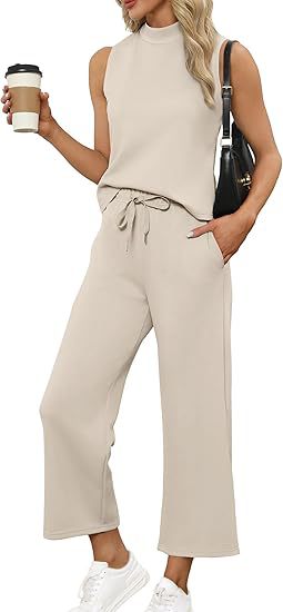 Comfortabele dames loungewear: stijlvolle mouwloze top en wide-leg broek, veelzijdig.