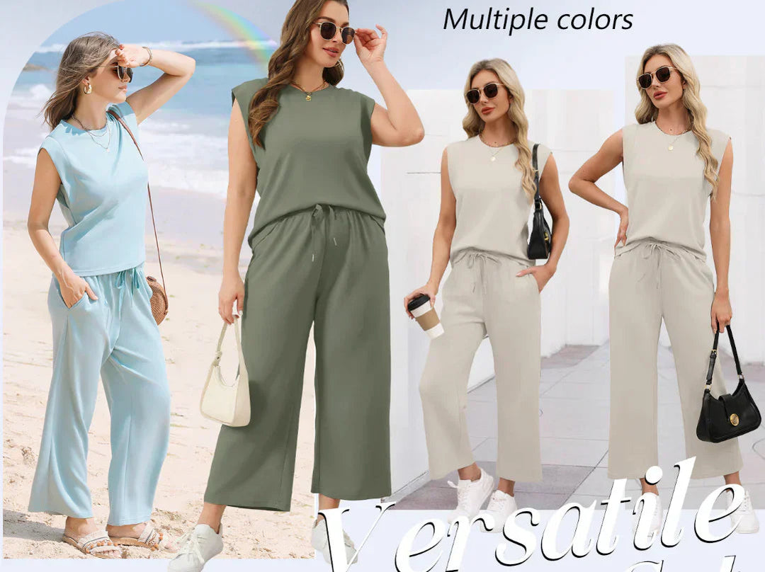 Comfortabele dames kleding: tweedelige set met mouwloze top en wide-leg broek.