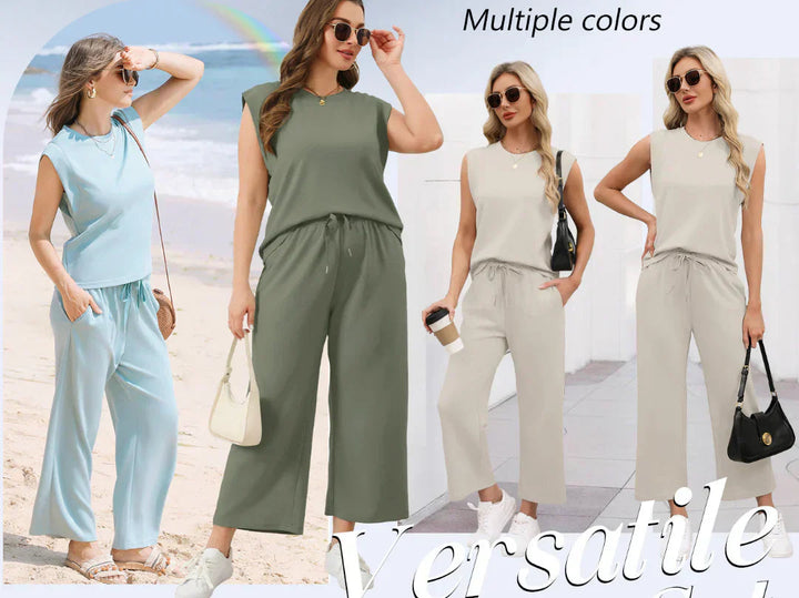 Comfortabele dames kleding: tweedelige set met mouwloze top en wide-leg broek.