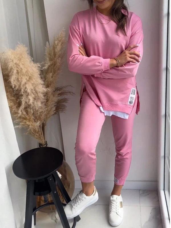 "Dames loungewear set, zachte katoen-polyester mix, relaxed sweatshirt en taps toelopende broek, stijlvol en comfortabel."