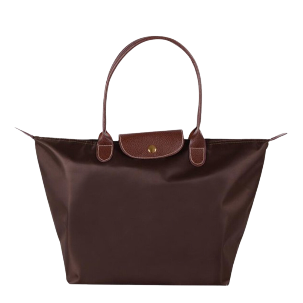 Luxe dames handtas van waterafstotend nylon, met elegante leren accenten en stevige ritssluiting.