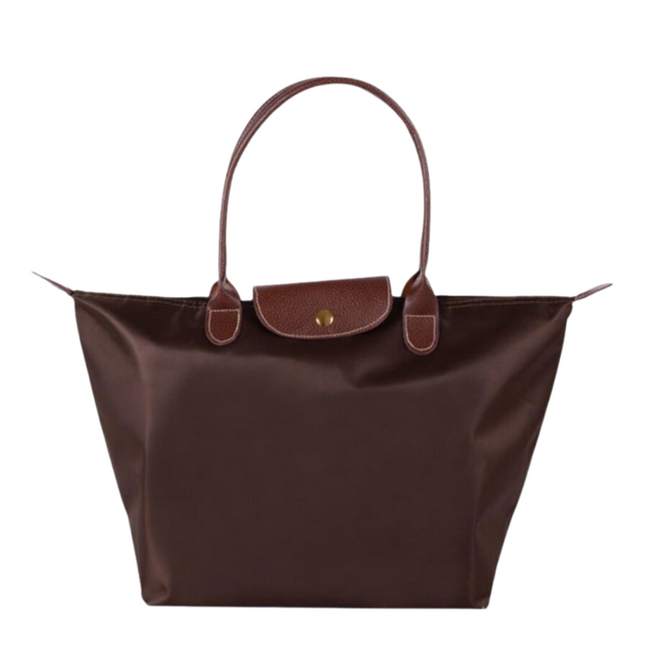 Luxe dames handtas van waterafstotend nylon, met elegante leren accenten en stevige ritssluiting.