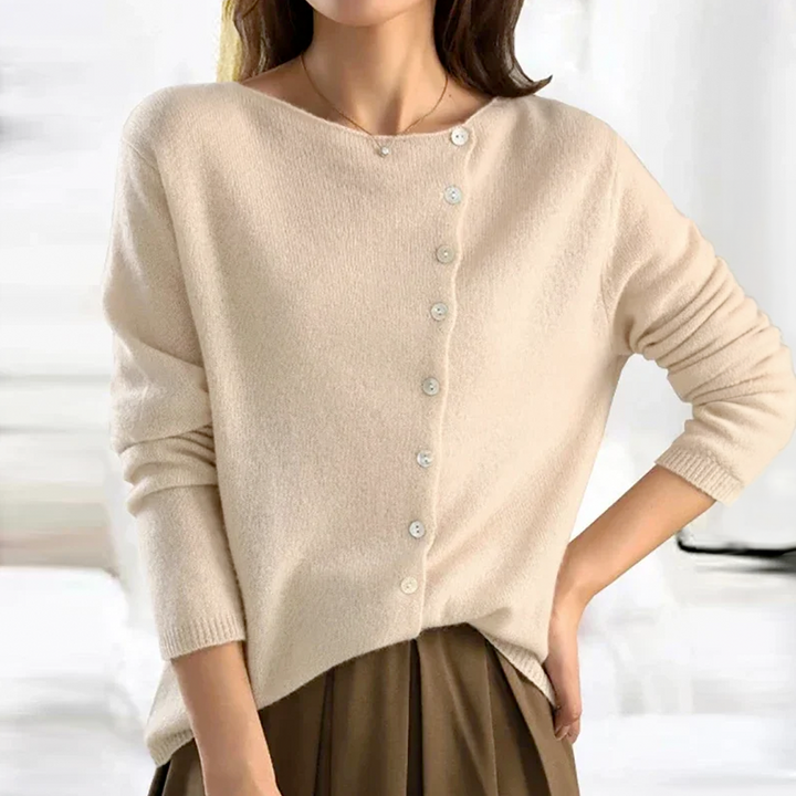 "Dames Luxe Kasjmier Pullover met Asymmetrische Knoopdetails, veelzijdig en modieus in stijlvolle kleuren, elegantie voor elk
