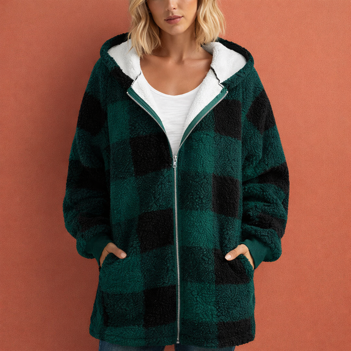Trendy herfst/winter damesjas met capuchon en modieus ruitpatroon, casual en warm.