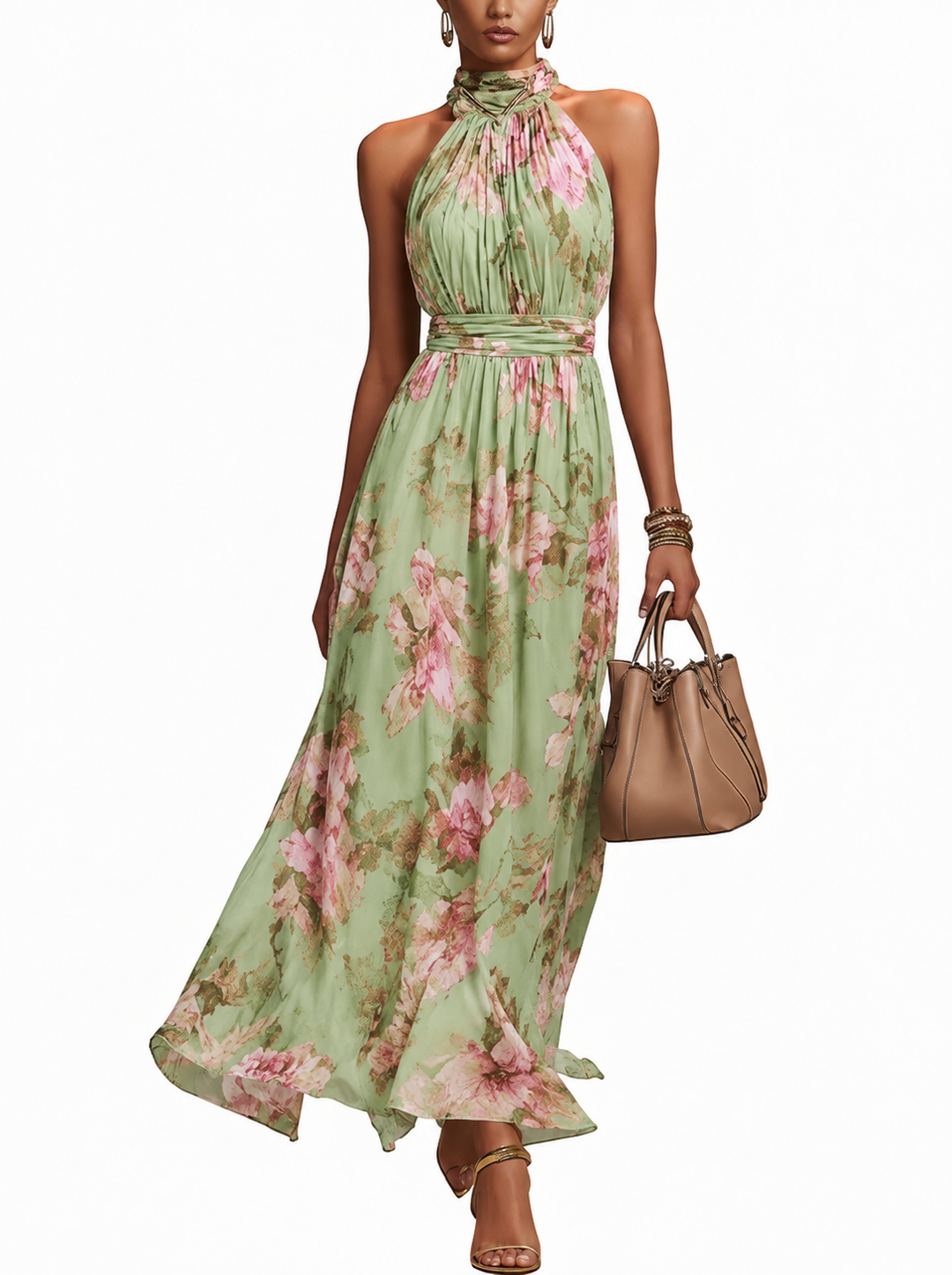 Dames maxi jurk groen met elegante bloemenprint en halternek. Ideaal voor zomerse feesten en gelegenheden.