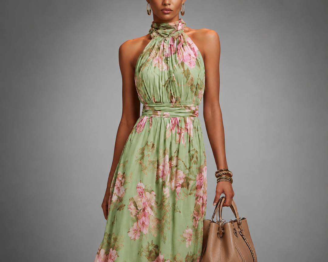 Stijlvolle groene maxi jurk met bloemenprint, halternek en elegante pasvorm. Perfecte zomerse feestjurk.