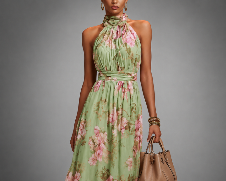 Stijlvolle groene maxi jurk met bloemenprint, halternek en elegante pasvorm. Perfecte zomerse feestjurk.