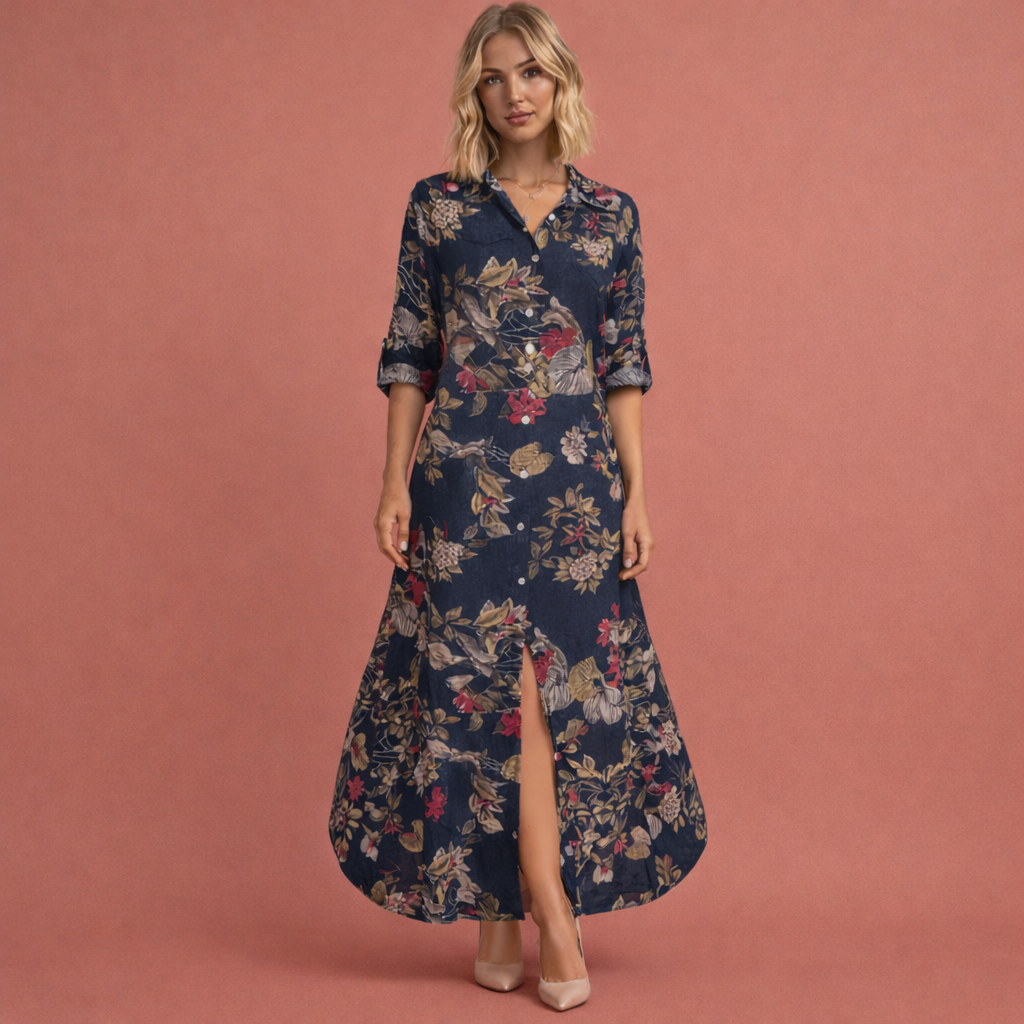 Dames maxi jurk met levendige bloemenprint en volledige knoopsluiting, ideaal voor zomer en lente.