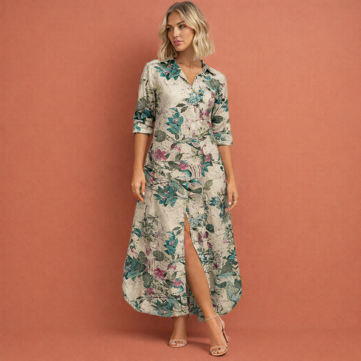 Elegante bloemenprint maxi jurk voor dames, perfect als casual zomerjurk of strandjurk, comfortabel en stijlvol.