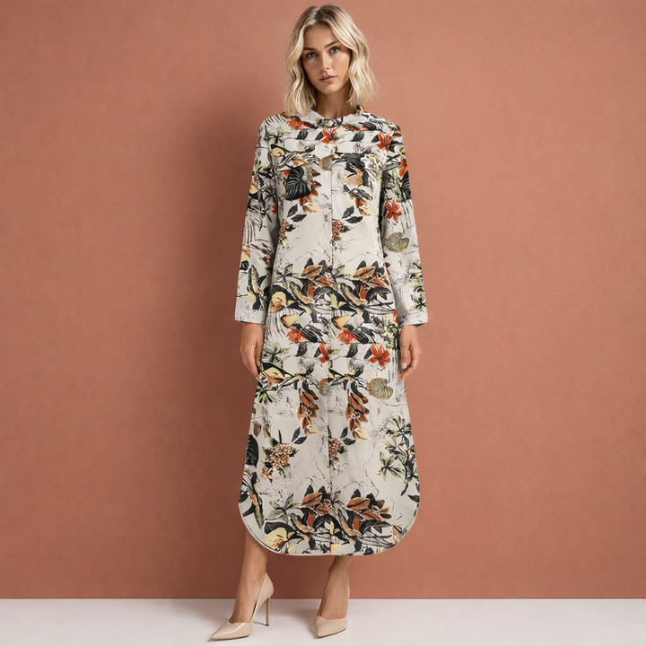 Lange dames maxi jurk met gedetailleerde bloemenprint, knoopsluiting over de hele lengte, modieuze lentemode.
