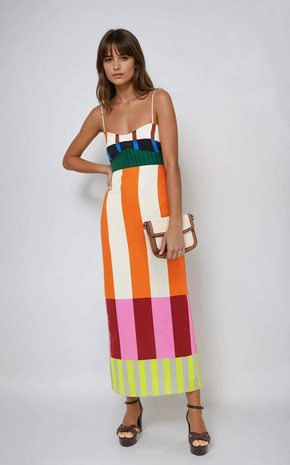 Elegante mouwloze dames maxi jurk met vrolijke streepprint, ideaal als strand- of vakantiejurk.