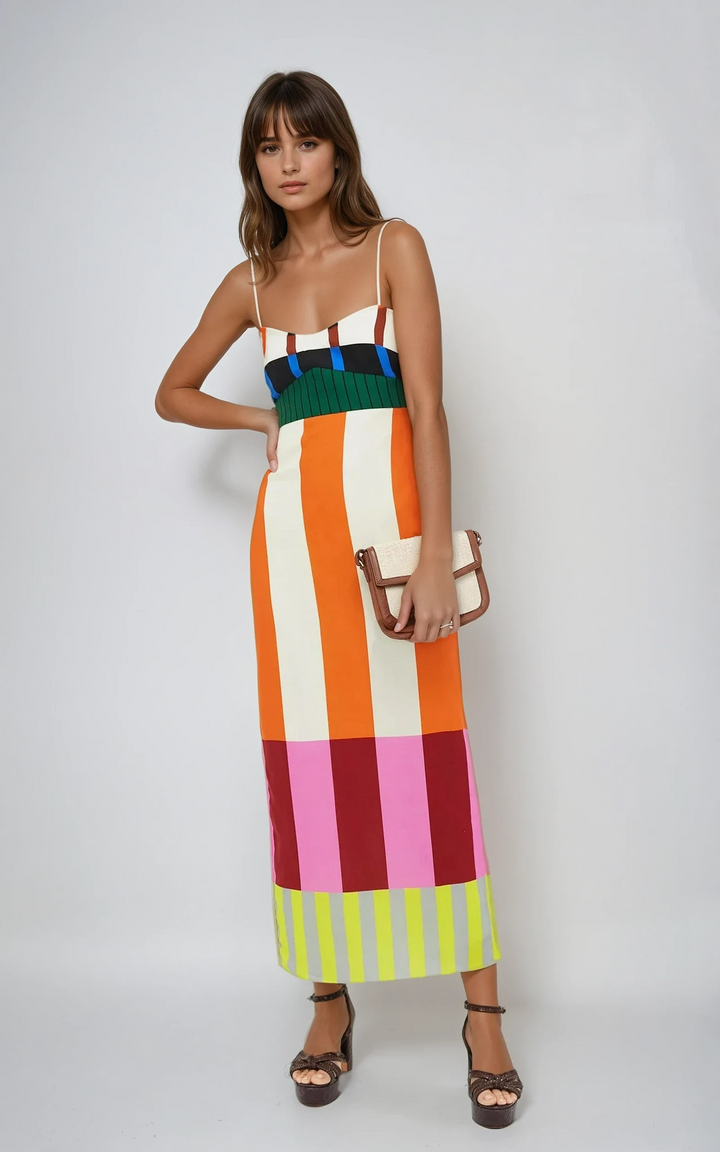 Elegante mouwloze dames maxi jurk met vrolijke streepprint, ideaal als strand- of vakantiejurk.