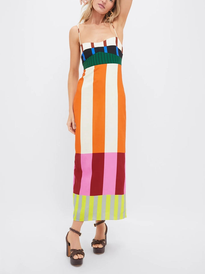 Trendy oranje-roze dames maxi jurk met spaghettibandjes, comfortabel en stijlvol voor elke gelegenheid.