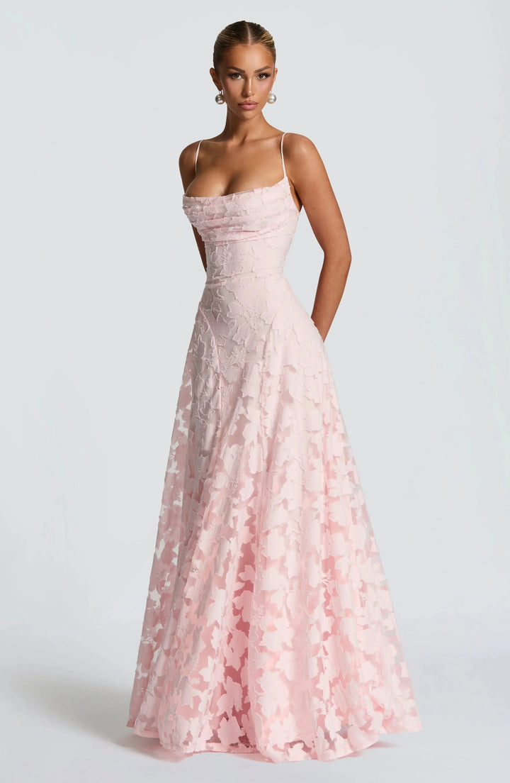 Stijlvolle maxi jurk dames met cowl-hals en bloemenpatroon