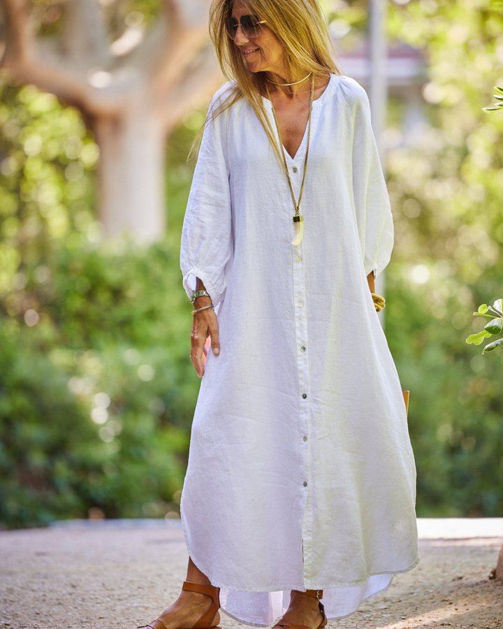 Elegante dames maxi-jurk met lange mouwen, perfect voor zomerse dagen en avonden.