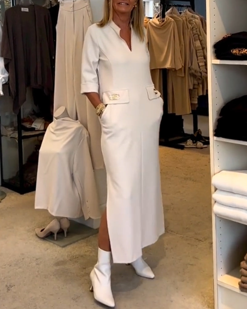 Dames maxi zomerjurk met V-hals en zakken, ideaal voor comfort en stijl.