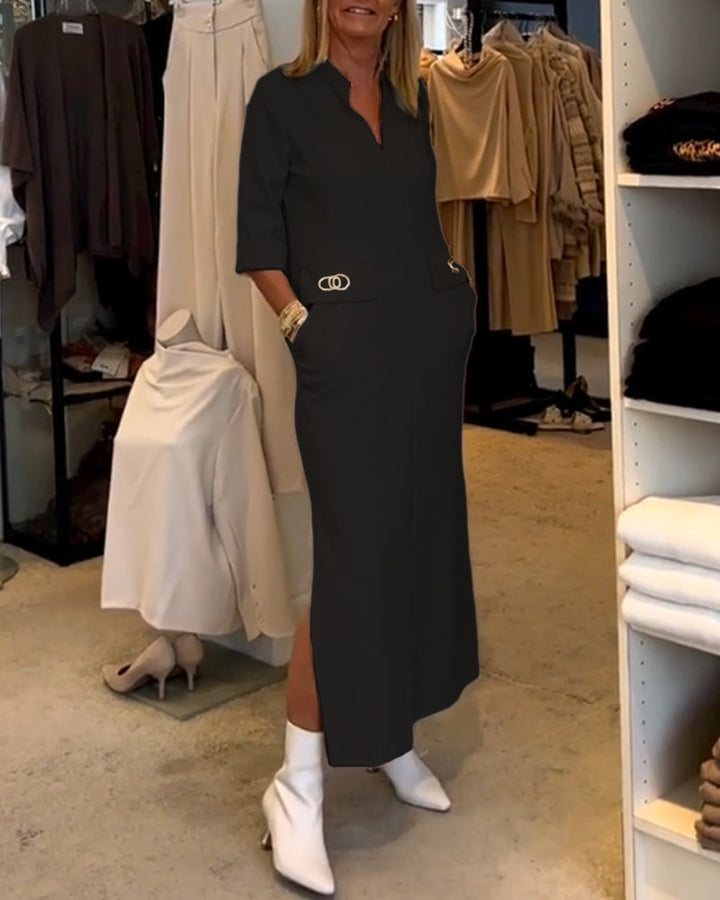 Ideale zomerjurk voor dames, lange V-hals jurk met zakken en comfortabele 3/4 mouwen.