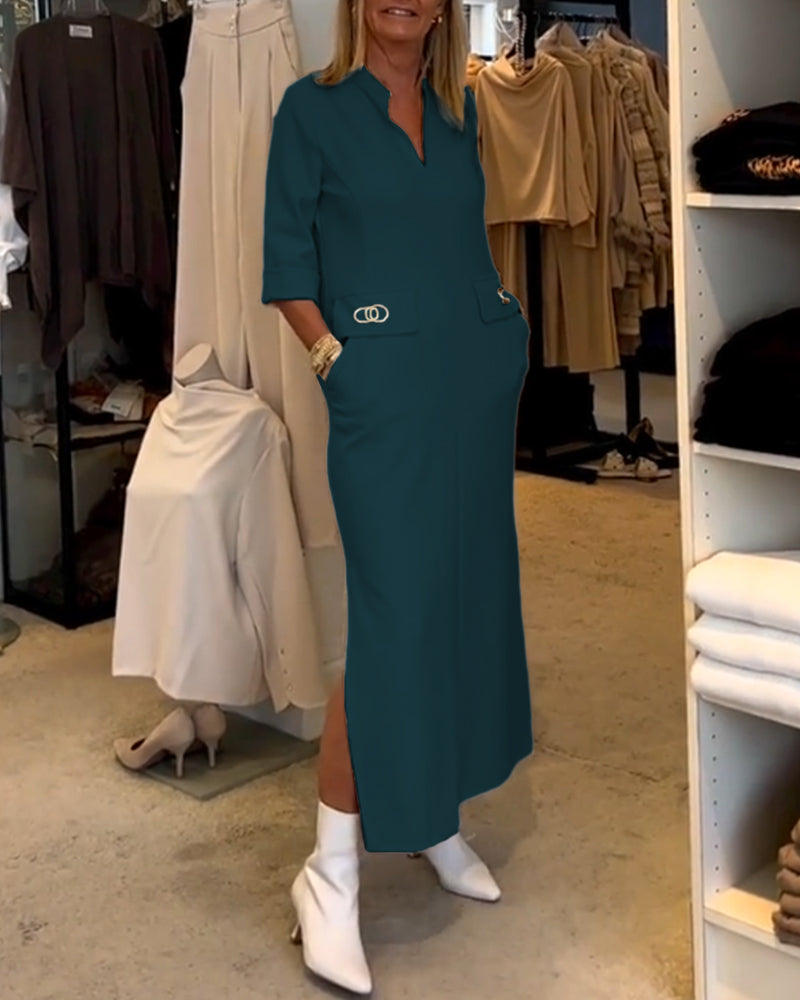 Ademende dames zomerjurk, comfortabele maxi jurk met V-hals en praktische zakken.